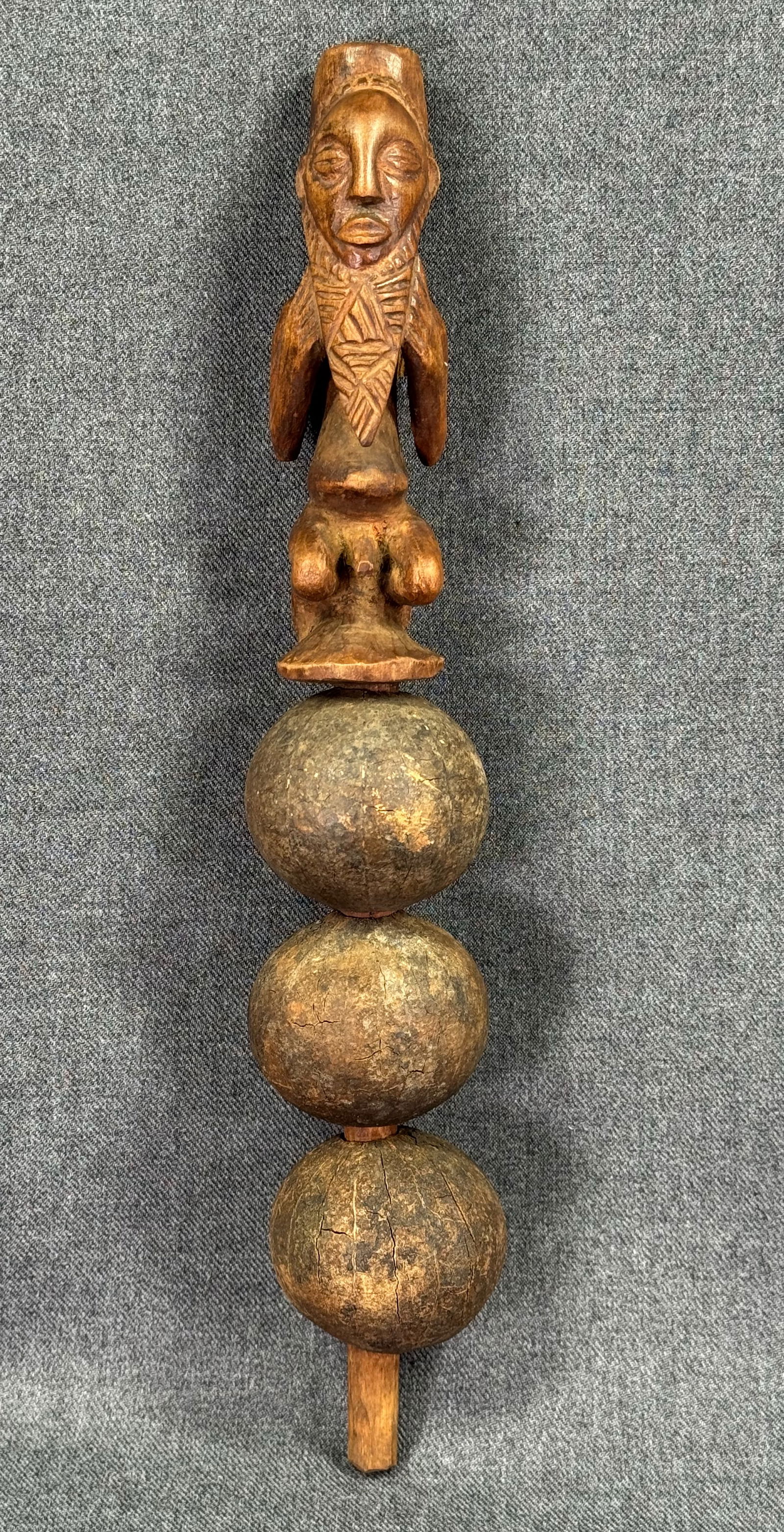 African Luba Hemba DRC Munyenga Divination Rattle. Carved wood, calabash. (1 of 11)