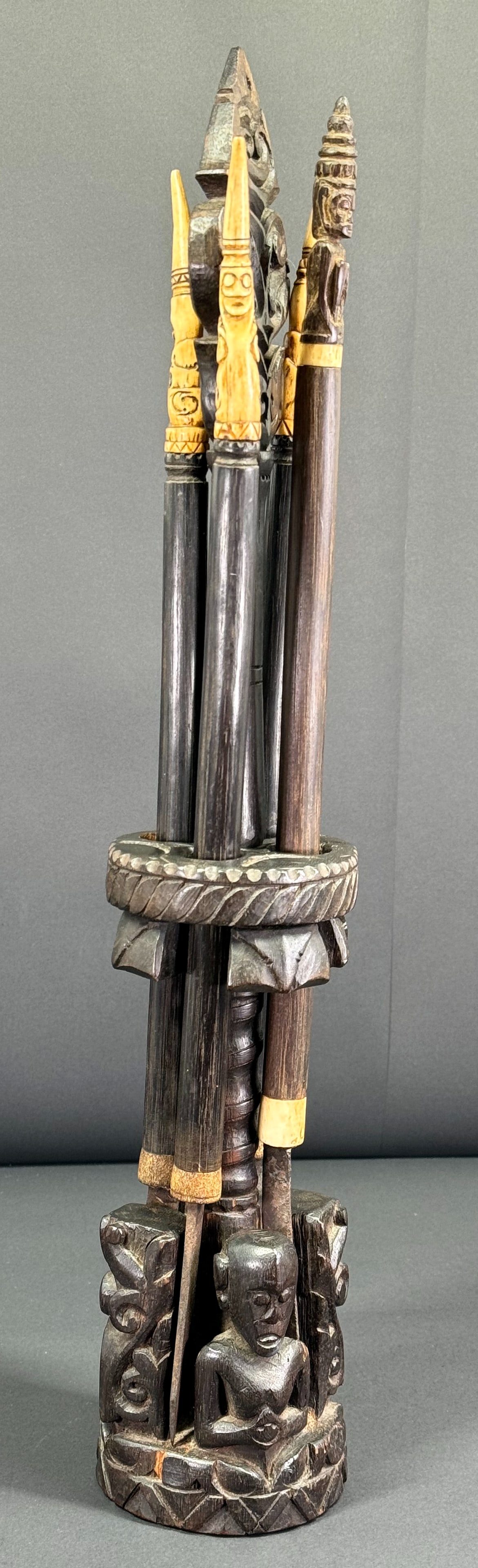 Rare Dayak Borneo Kalimantan Pisau Raut Knives in Stand. Carved wood, bone, iron. (1 of 20)