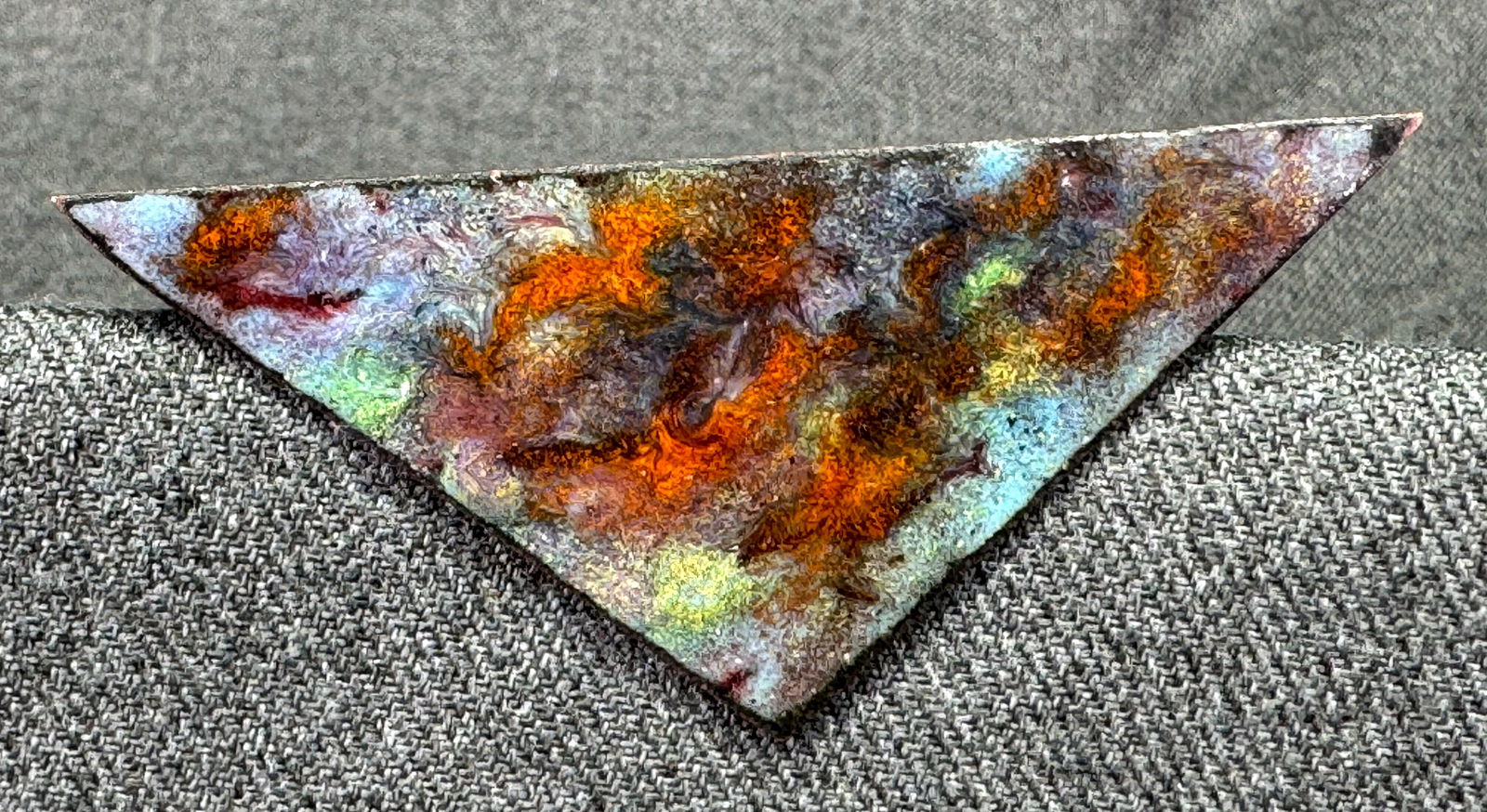 Vintage MCM Lorraine Tarachas (1925-2024) fire and smoke enamel copper brooch pin: IN HOUSE FLAT SHIPPING & HANDLING COST WITHIN ALL THE U.S. : $7 To bypass LiveShipping, and use our In-House shipping service for $7 or shipping combined for multiple lots, please select “Arrange Yo