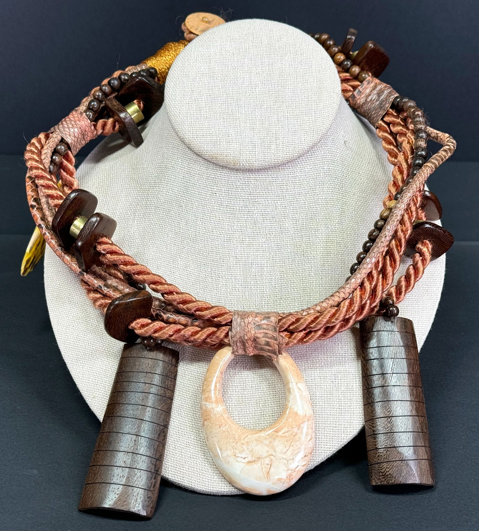 Vintage artisan crafted statement boho wood, resin, rope, metal, snake skin collar bib necklace: IN HOUSE FLAT SHIPPING & HANDLING COST WITHIN ALL THE U.S. : 7 To bypass LiveShipping, and use our In-House shipping service for 7 or shipping combined for multiple lots, please select “Arrange Your