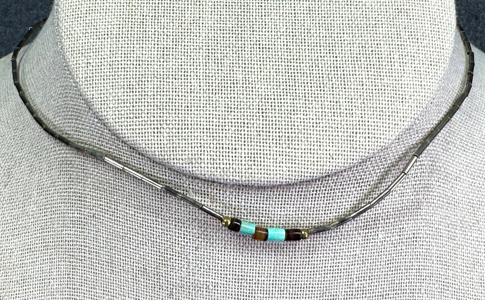 Vintage native American style turquoise, shell and liquid silver choker necklace (1 of 6)