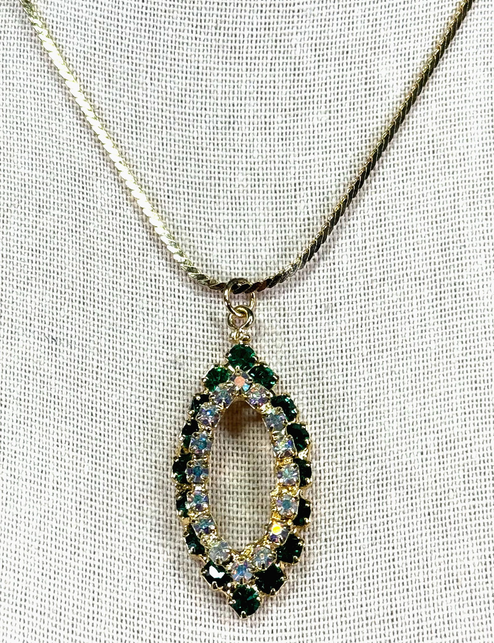 Vintage AB and green crystals goldtone metal pendant and snake chain strap collar necklace.: IN HOUSE FLAT SHIPPING & HANDLING COST WITHIN ALL THE U.S. : 7 To bypass LiveShipping, and use our In-House shipping service for 7 or shipping combined for multiple lots, please select “Arrange Your