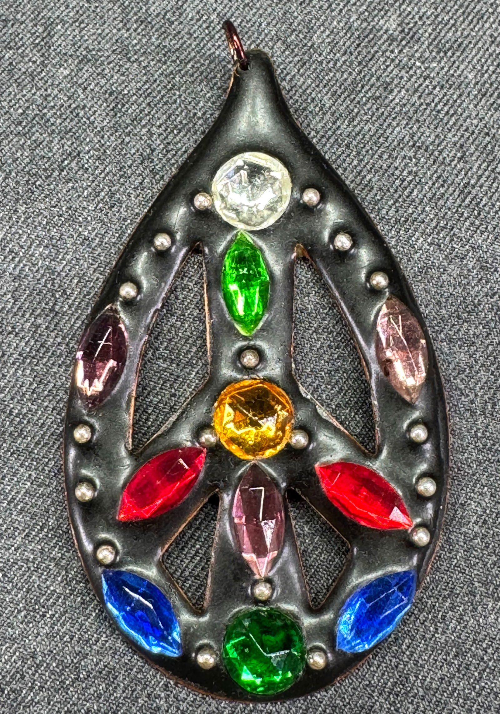 Vintage encrusted crystals enamel copper peace sign drop large pendant. V: IN HOUSE FLAT SHIPPING & HANDLING COST WITHIN ALL THE U.S. : 7 To bypass LiveShipping, and use our In-House shipping service for 7 or shipping combined for multiple lots, please select “Arrange Your