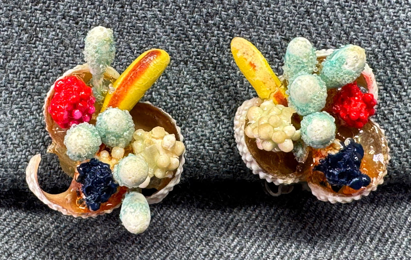 Vintage Carmen Miranda style fruit salad real shells setting clip earrings. V: IN HOUSE FLAT SHIPPING & HANDLING COST WITHIN ALL THE U.S. : 7 To bypass LiveShipping, and use our In-House shipping service for 7 or shipping combined for multiple lots, please select “Arrange Your