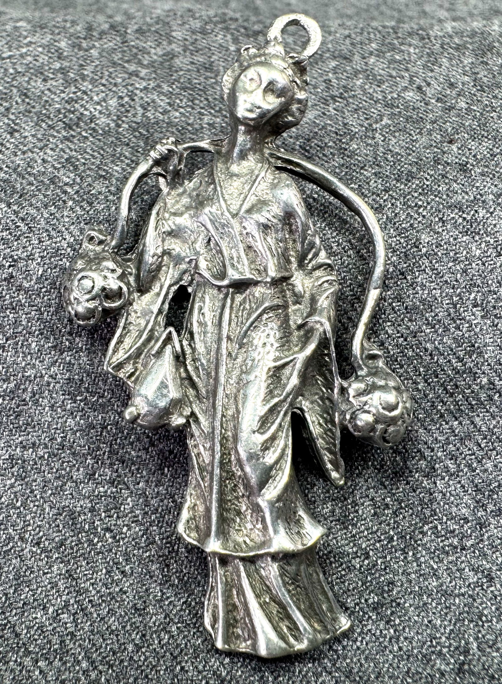 Vintage Chinese woman carrying vessels silvertone metal medallion pendant: IN HOUSE FLAT SHIPPING & HANDLING COST WITHIN ALL THE U.S. : 7 To bypass LiveShipping, and use our In-House shipping service for 7 or shipping combined for multiple lots, please select “Arrange Your