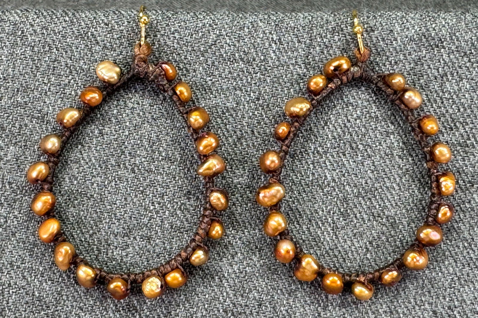 Hand woven brown baroque pearl drop gold-toned hook earrings: IN HOUSE FLAT SHIPPING & HANDLING COST WITHIN ALL THE U.S. : 7 To bypass LiveShipping, and use our In-House shipping service for 7 or shipping combined for multiple lots, please select “Arrange Your
