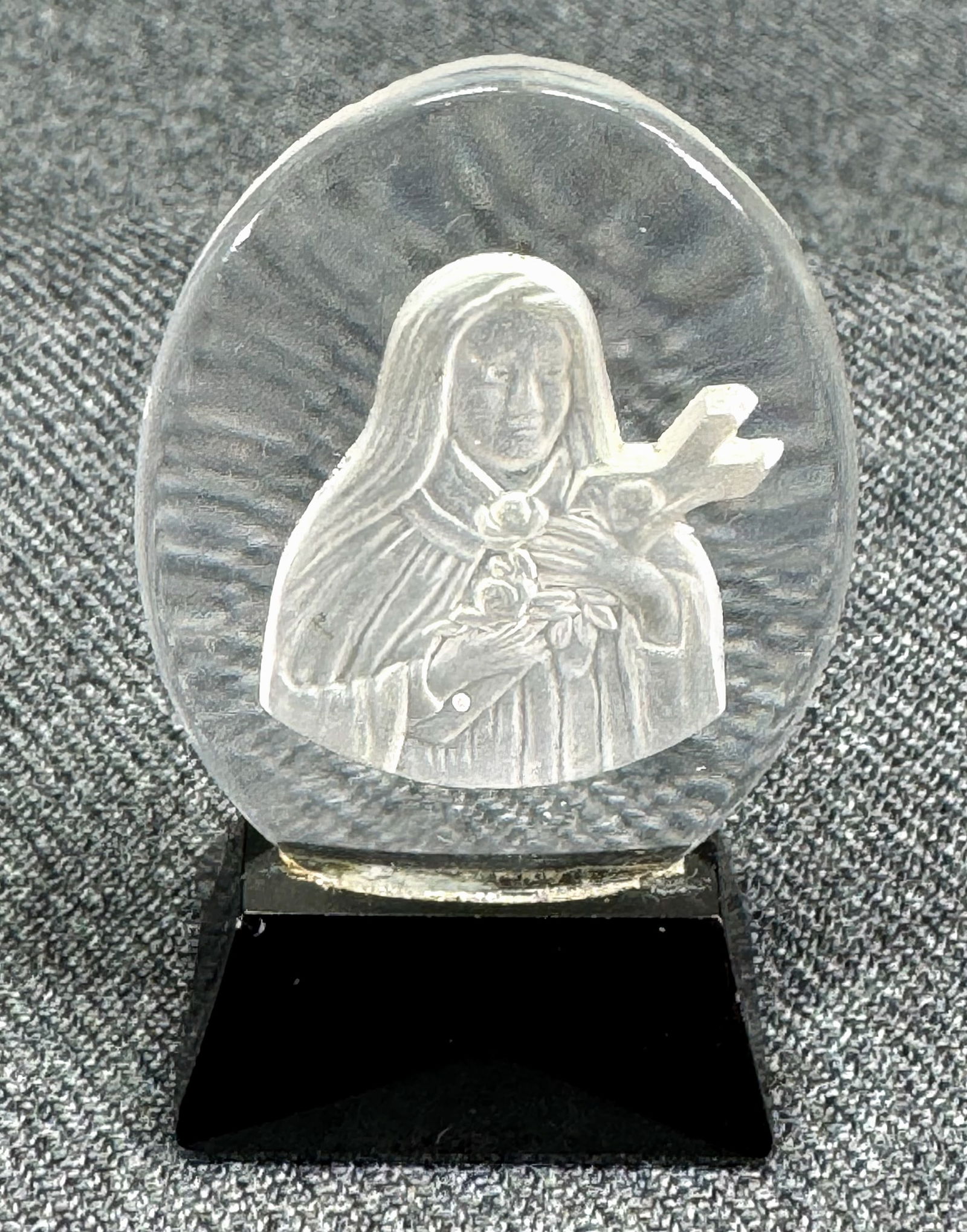 Antique Czech glass black base, clear intaglio Saint Therese miniature shrine: IN HOUSE FLAT SHIPPING & HANDLING COST WITHIN ALL THE U.S. : 7 To bypass LiveShipping, and use our In-House shipping service for 7 or shipping combined for multiple lots, please select “Arrange Your