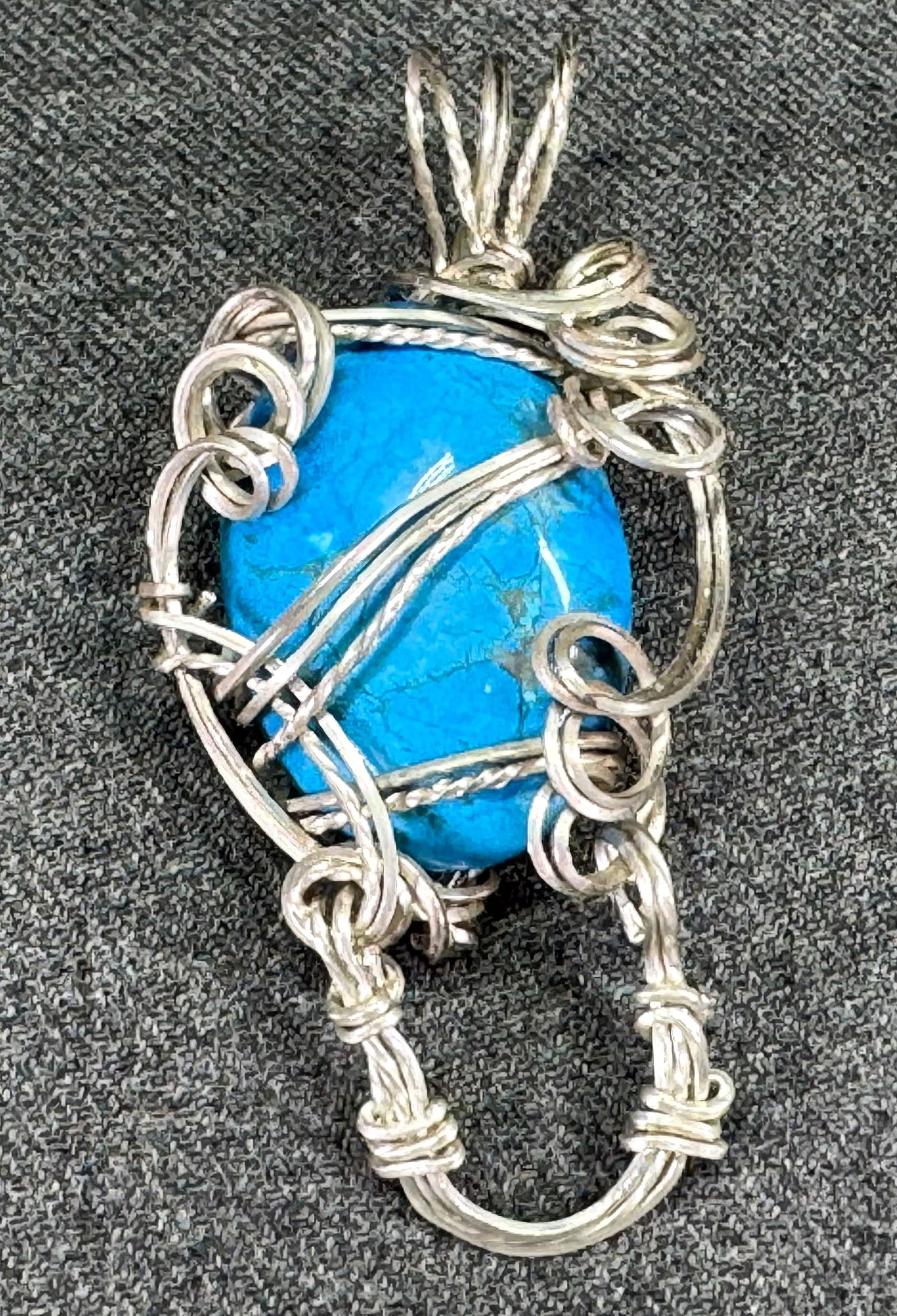 Vintage artsy brutalist wrapped in silver filled wired dyed turquoise stone pendant: IN HOUSE FLAT SHIPPING & HANDLING COST WITHIN ALL THE U.S. : 7 To bypass LiveShipping, and use our In-House shipping service for 7 or shipping combined for multiple lots, please select “Arrange Your