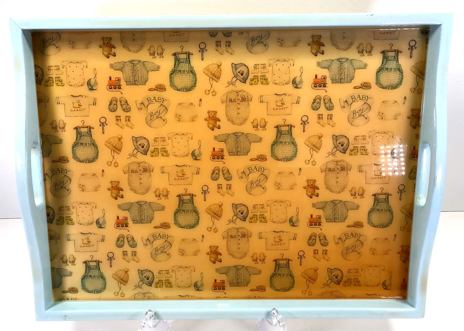 Cynthia Carey, Baby Boy Decoupage Handled Tray: IN HOUSE FLAT SHIPPING & HANDLING COST WITHIN ALL THE U.S. : 34 To bypass LiveShipping, and use our In-House shipping service for 34 or shipping combined for multiple lots, please select “Arrange Yo