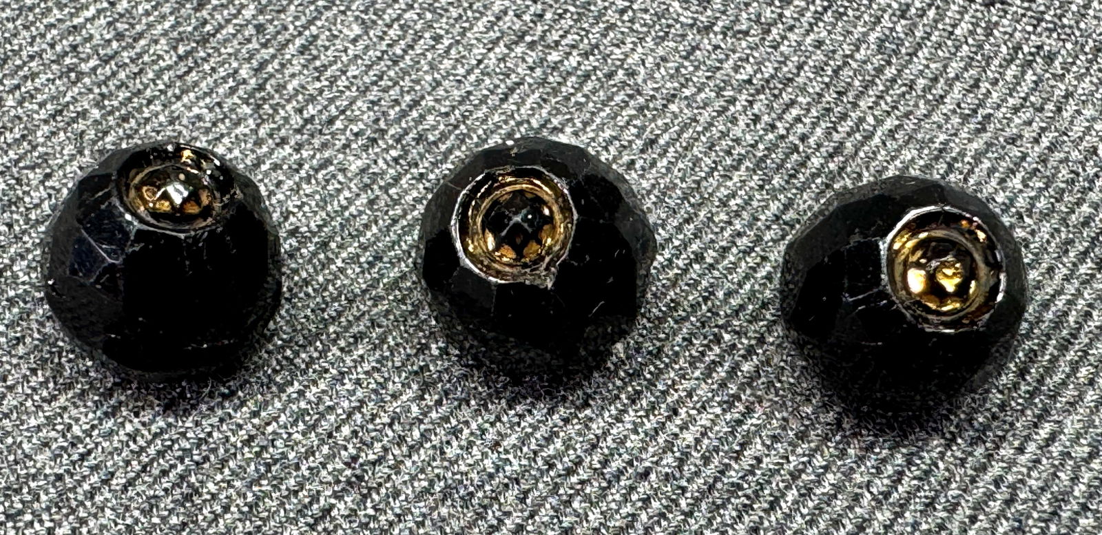 Antique Victorian mourning jeweled faceted black glass bead buttons. Lot of 3: IN HOUSE FLAT SHIPPING & HANDLING COST WITHIN ALL THE U.S. : $7 To bypass LiveShipping, and use our In-House shipping service for $7 or shipping combined for multiple lots, please select “Arrange Yo