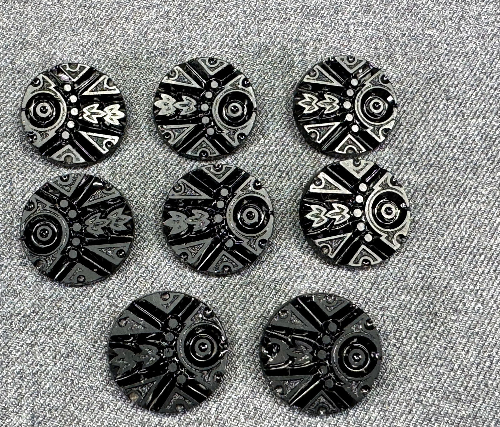 Antique Victorian Pat'd Dec 22, 1880 mourning black glass buttons. Lot of 8: IN HOUSE FLAT SHIPPING & HANDLING COST WITHIN ALL THE U.S. : $7 To bypass LiveShipping, and use our In-House shipping service for $7 or shipping combined for multiple lots, please select “Arrange Yo