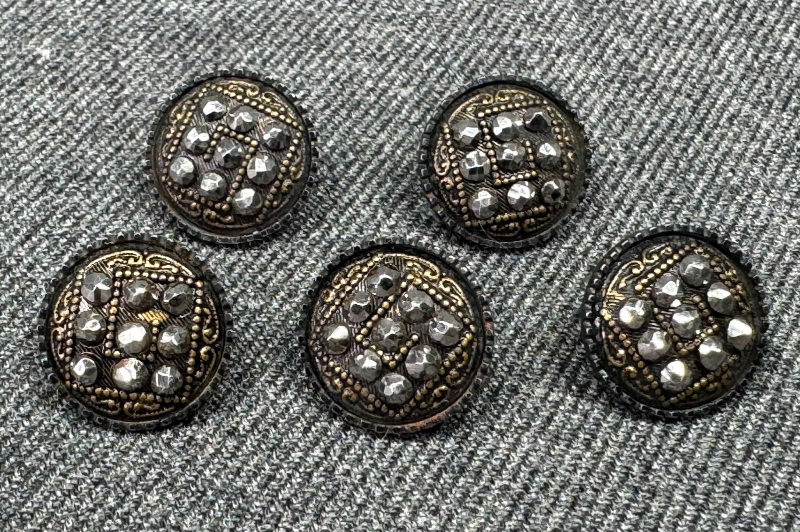 Antique Victorian cut steel buttons. Lot of 5: IN HOUSE FLAT SHIPPING & HANDLING COST WITHIN ALL THE U.S. : $7 To bypass LiveShipping, and use our In-House shipping service for $7 or shipping combined for multiple lots, please select “Arrange Yo