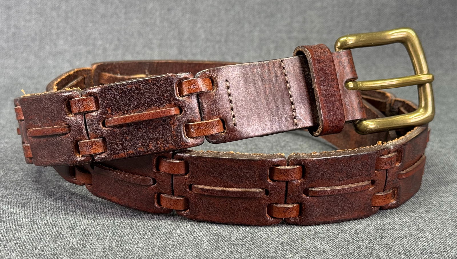Vintage 90s Cole-Haan solid brass buckle genuine woven leather belt. Made in USA (1 of 15)