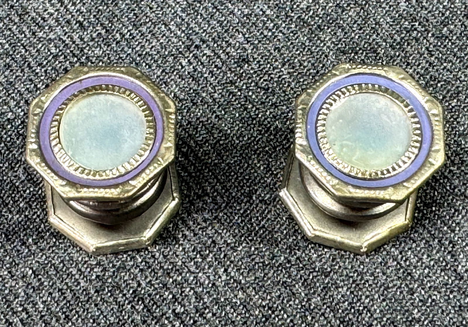 Vintage art deco double sided MOP lilac gray celluloid silvertone metal snap link cufflinks. (1 of 5)