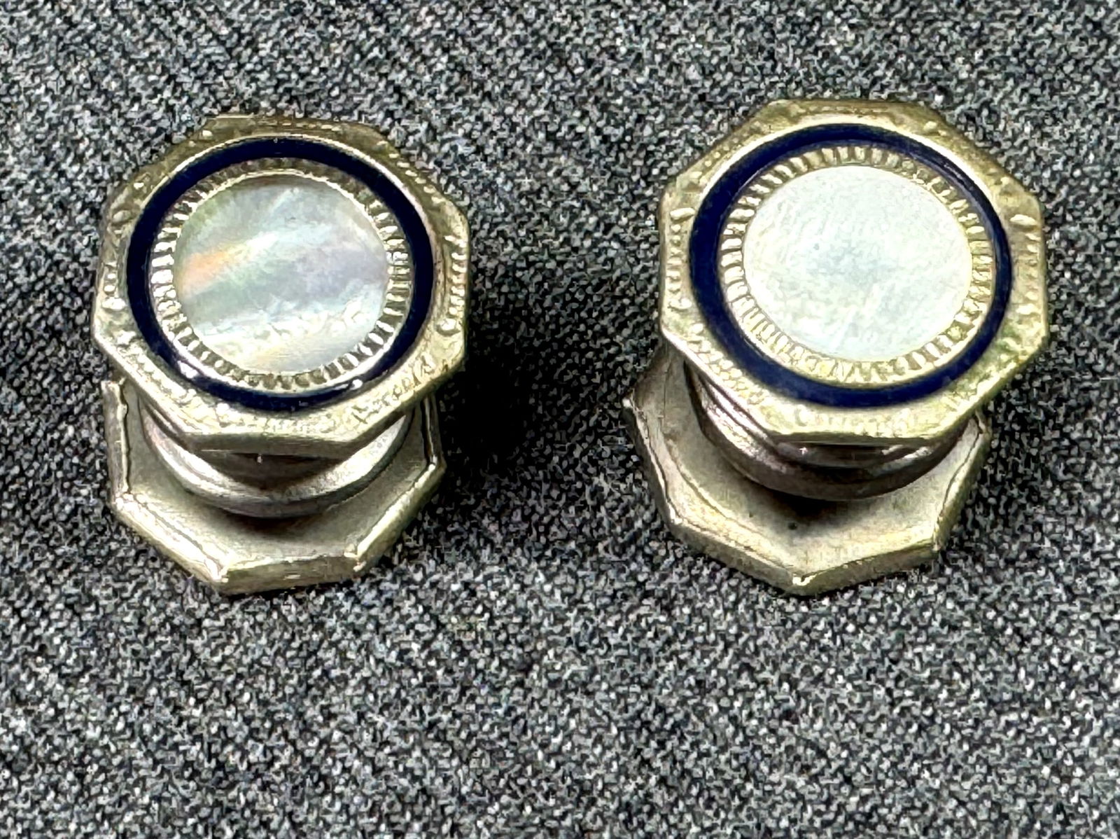 Vintage art deco double sided MOP dark navy blue celluloid silvertone metal snap link cufflinks. (1 of 5)