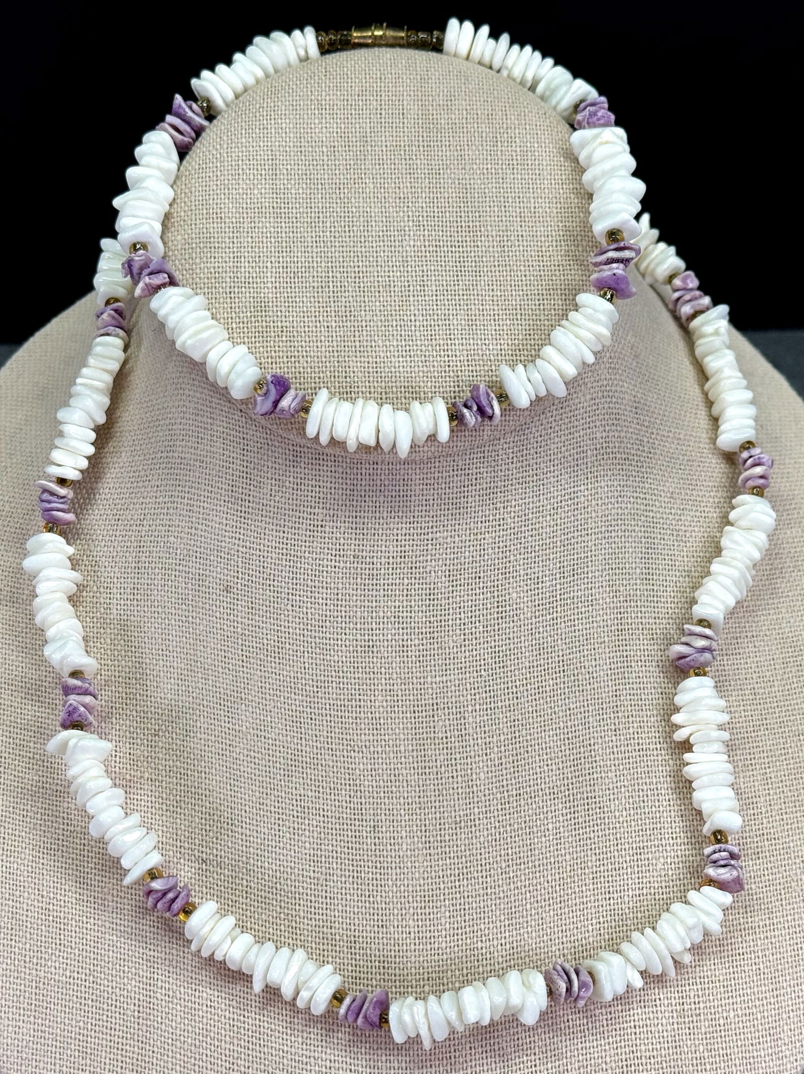 Vintage purple and white shell chips beaded choker and anklet (1 of 5)