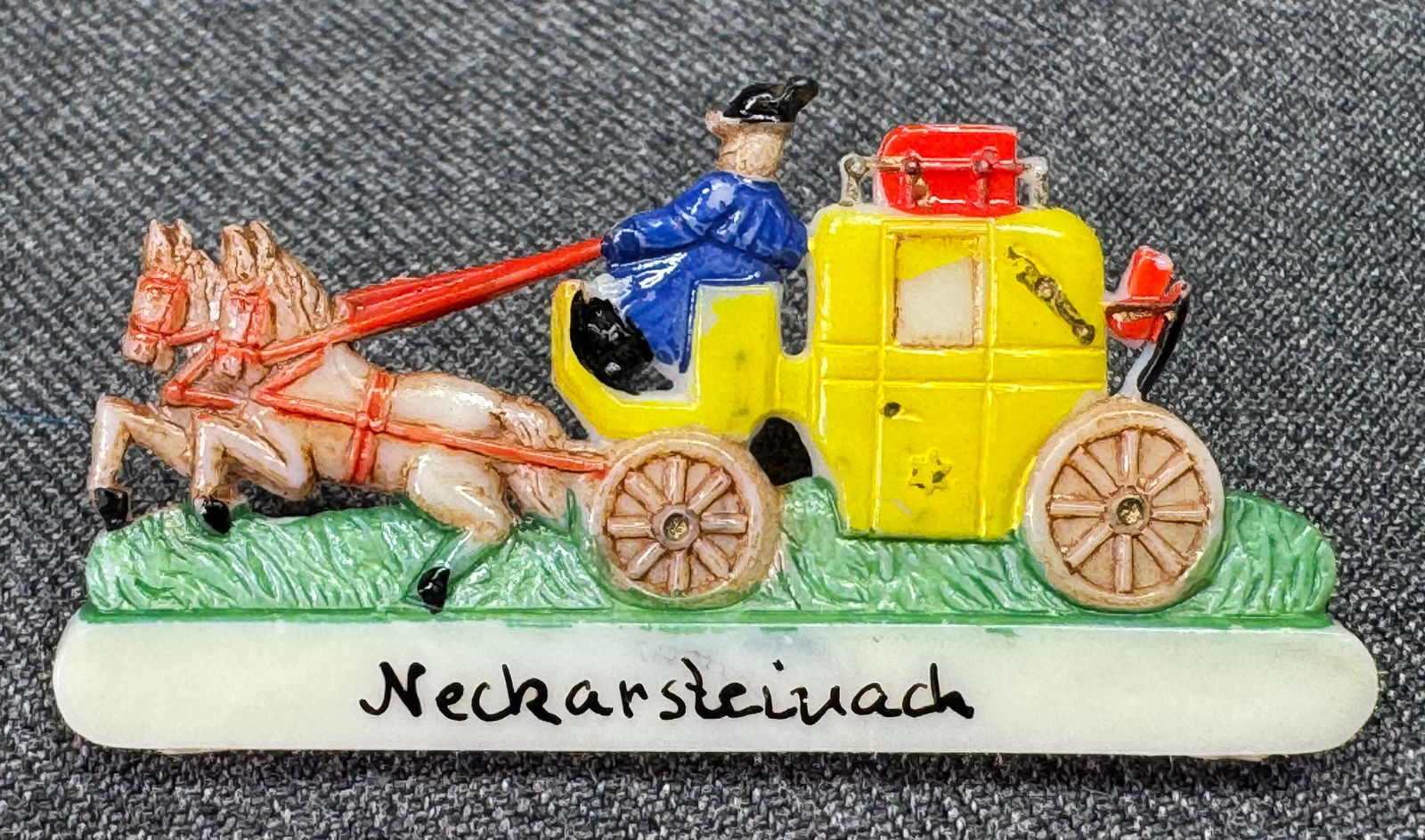 Vintage Neckarsteinach carriage with driver celluloid souvenir brooch pin: IN HOUSE FLAT SHIPPING & HANDLING COST WITHIN ALL THE U.S. : 7 To bypass LiveShipping, and use our In-House shipping service for 7 or shipping combined for multiple lots, please select “Arrange Your