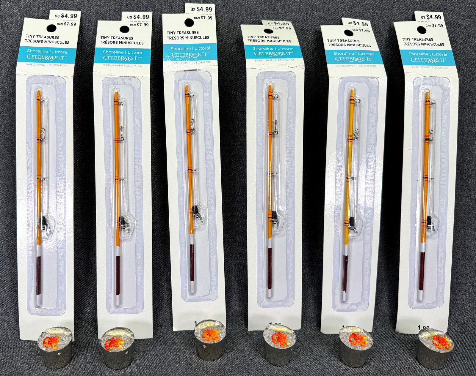 Celebrate It tiny Treasures miniature fishing pole & ice bucket. Lot of 6: Celebrate It tiny Treasures miniature fishing pole & ice bucket. Lot of 6. the fishing poles are in their original packaging. For measures please refer to the pictures taken with a measuring tape. Wei