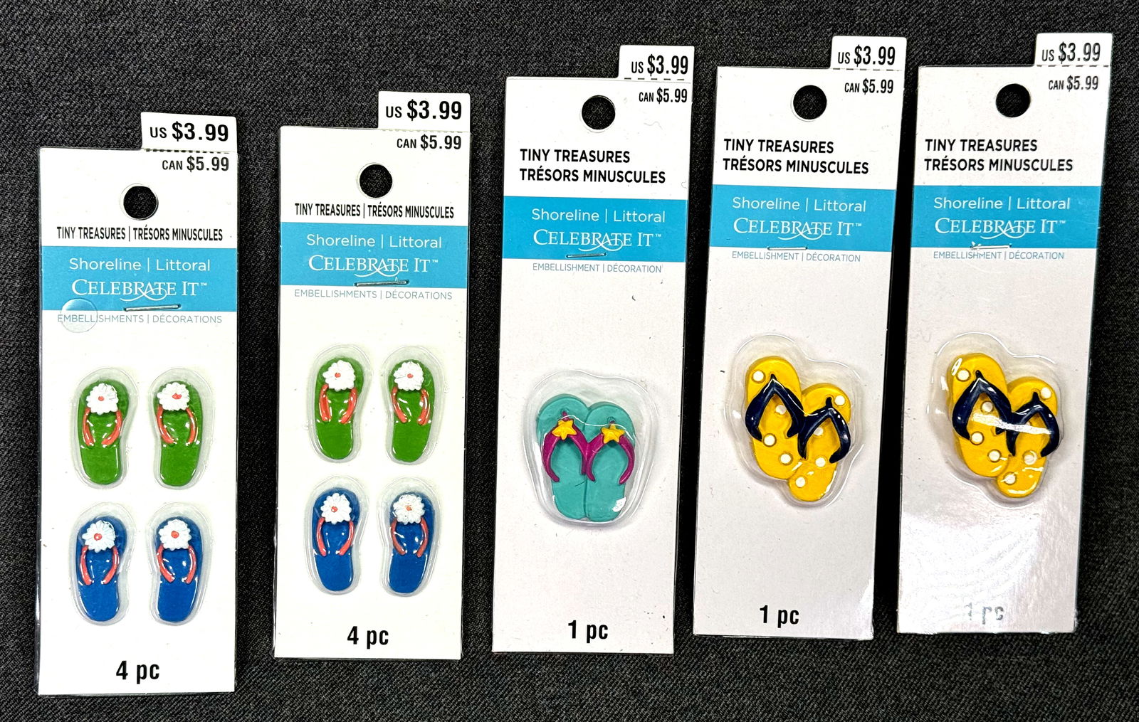 Celebrate It tiny Treasures miniature flip-flop in their original packaging.: Celebrate It tiny Treasures miniature flip-flop in their original packaging. 5 packages with 7 flip-flop pairs in total. For measures please refer to the pictures taken with a measuring tape. Weight: