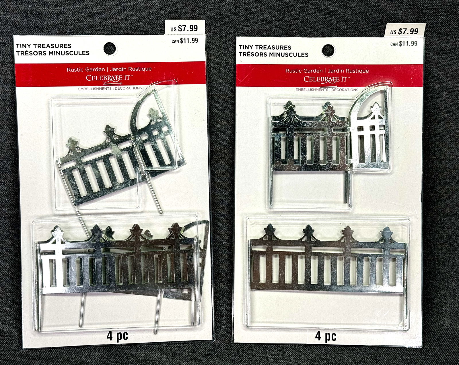 Celebrate It tiny Treasures miniature metal garden fences. Lot of 2: Celebrate It tiny Treasures miniature metal garden fences. Lot of 2. In their original packing. For measures please refer to the pictures taken with a measuring tape. Weight: 140 Grams. IN HOUSE FLAT