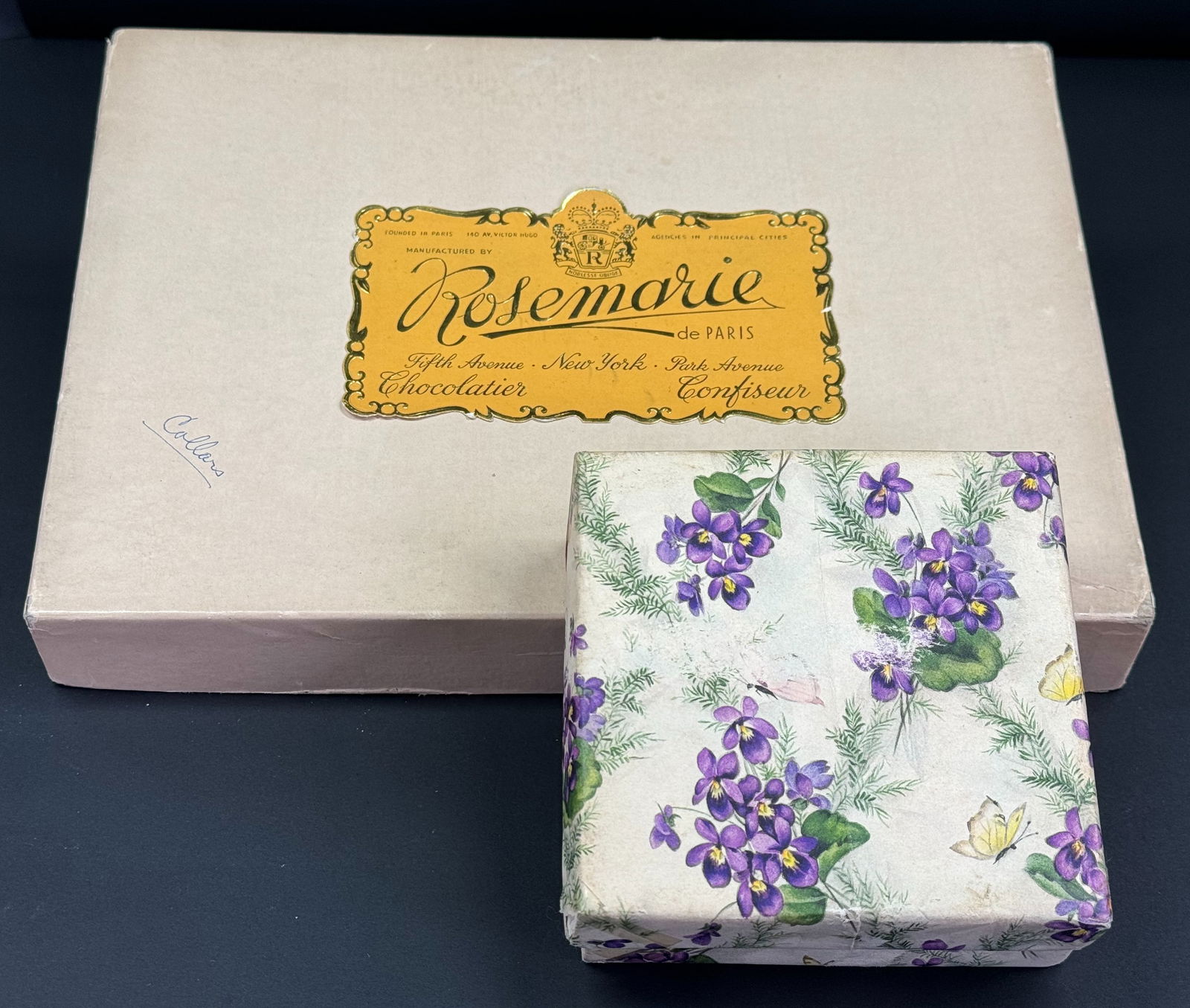 Vintage Rosemarie Chocolatier 5th Ave NY & Violets flowers butterflies lined cardboard boxes: IN HOUSE FLAT SHIPPING & HANDLING COST WITHIN ALL THE U.S. : 10 To bypass LiveShipping, and use our In-House shipping service for 10 or shipping combined for multiple lots, please select “Arrange Yo