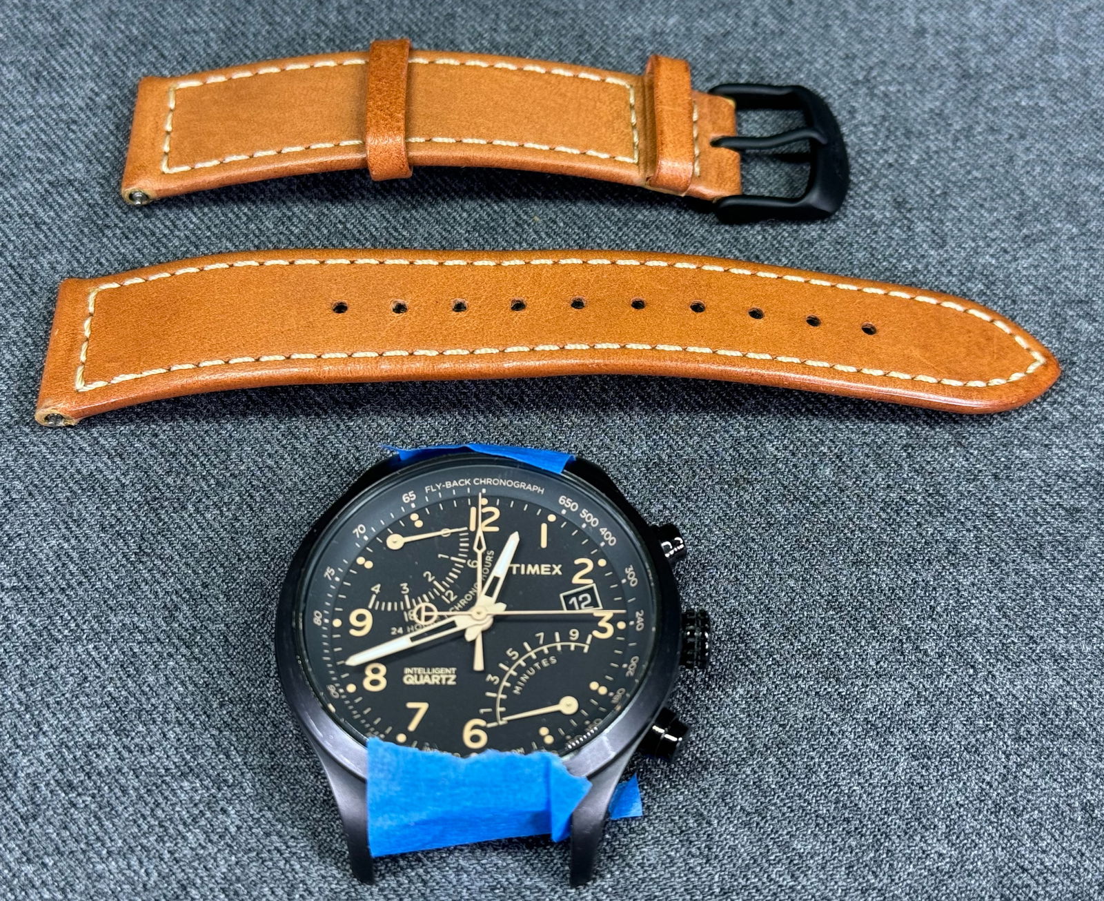 Timex Fly- Back Chronograph for parts or repair. Original leather band. (1 of 4)