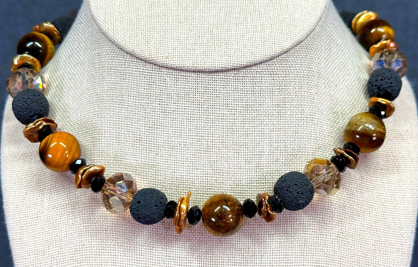 Vintage tiger eye, lava, crystal & baroque pearl beads sterling clasp necklace (1 of 8)