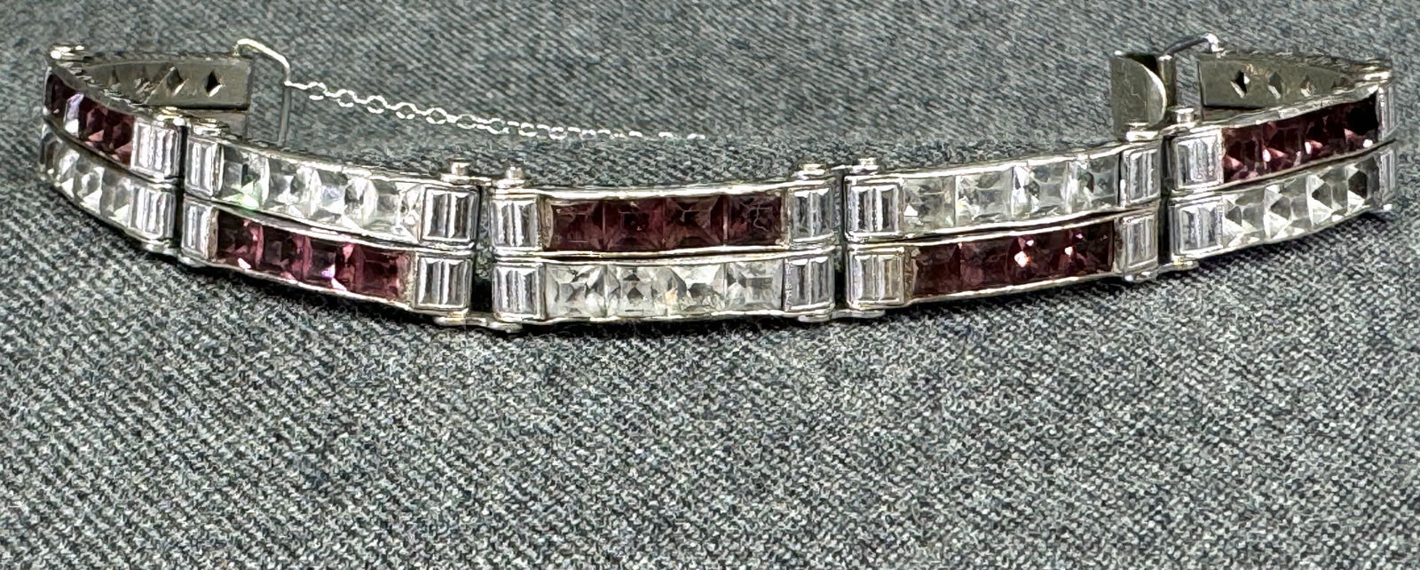 Vintage art deco faceted purple & clear crystals sterling silver panels bracelet: IN HOUSE FLAT SHIPPING & HANDLING COST WITHIN ALL THE U.S. : 7 To bypass LiveShipping, and use our In-House shipping service for 7 or shipping combined for multiple lots, please select “Arrange Your