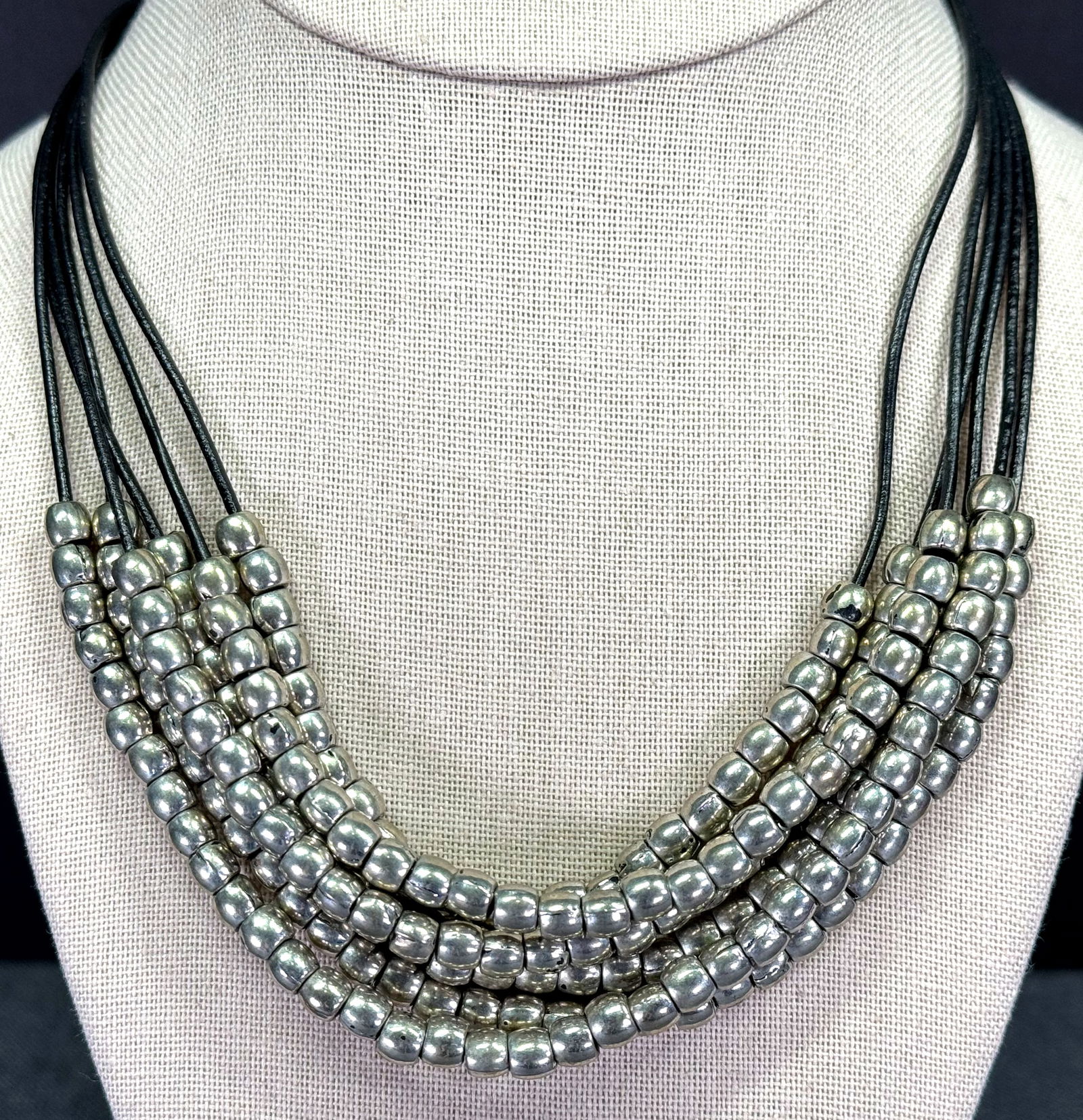 Moon C Paris sliding silvertone metal beads genuine leather strings multistrands necklace (1 of 11)