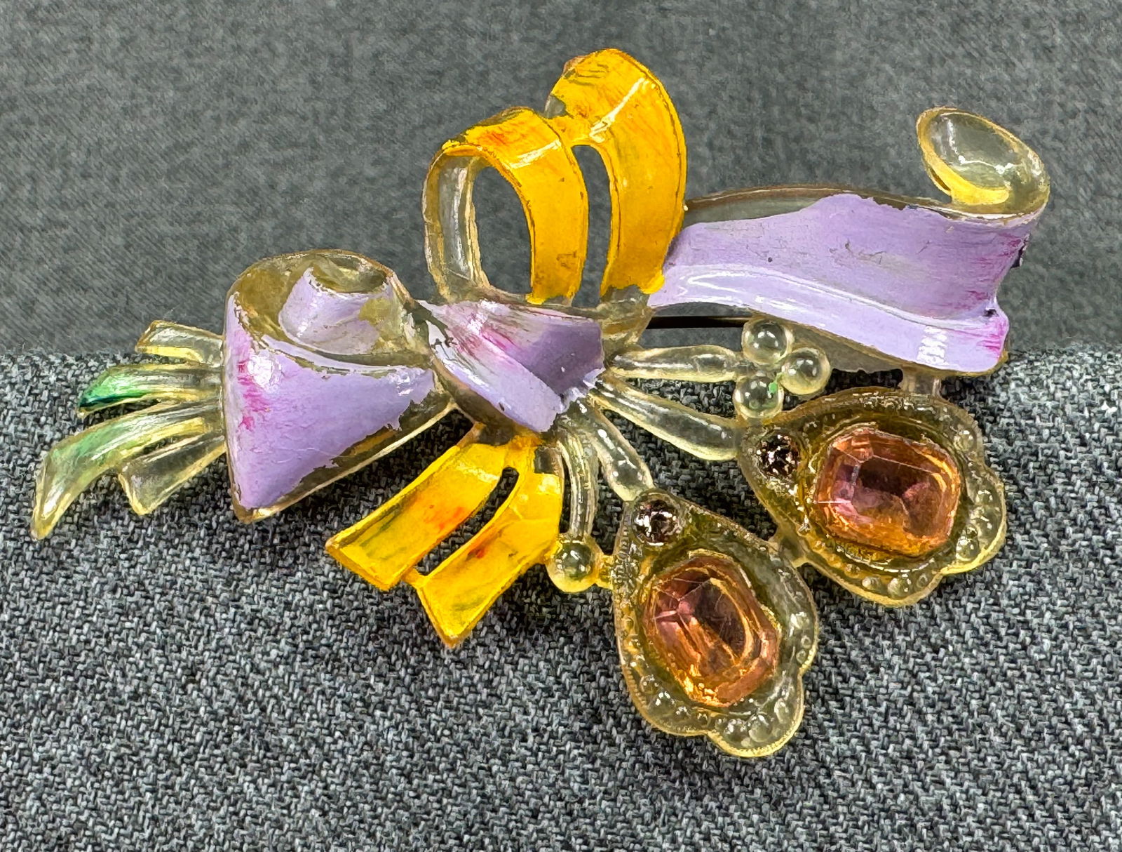 Antique crystals enamel clear plastic flowers brooch pin (1 of 7)