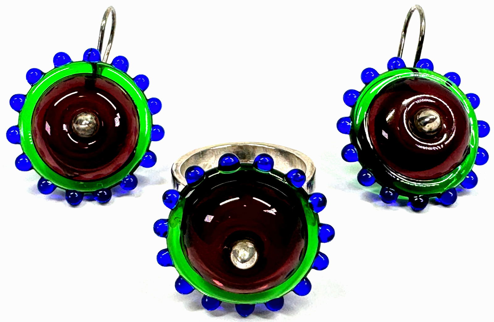 Kristina Logan Glass Flower Sterling Earrings & Ring Set.: IN HOUSE FLAT SHIPPING & HANDLING COST WITHIN ALL THE U.S. : 7 To bypass LiveShipping, and use our In-House shipping service for 7 or shipping combined for multiple lots, please select “Arrange Your