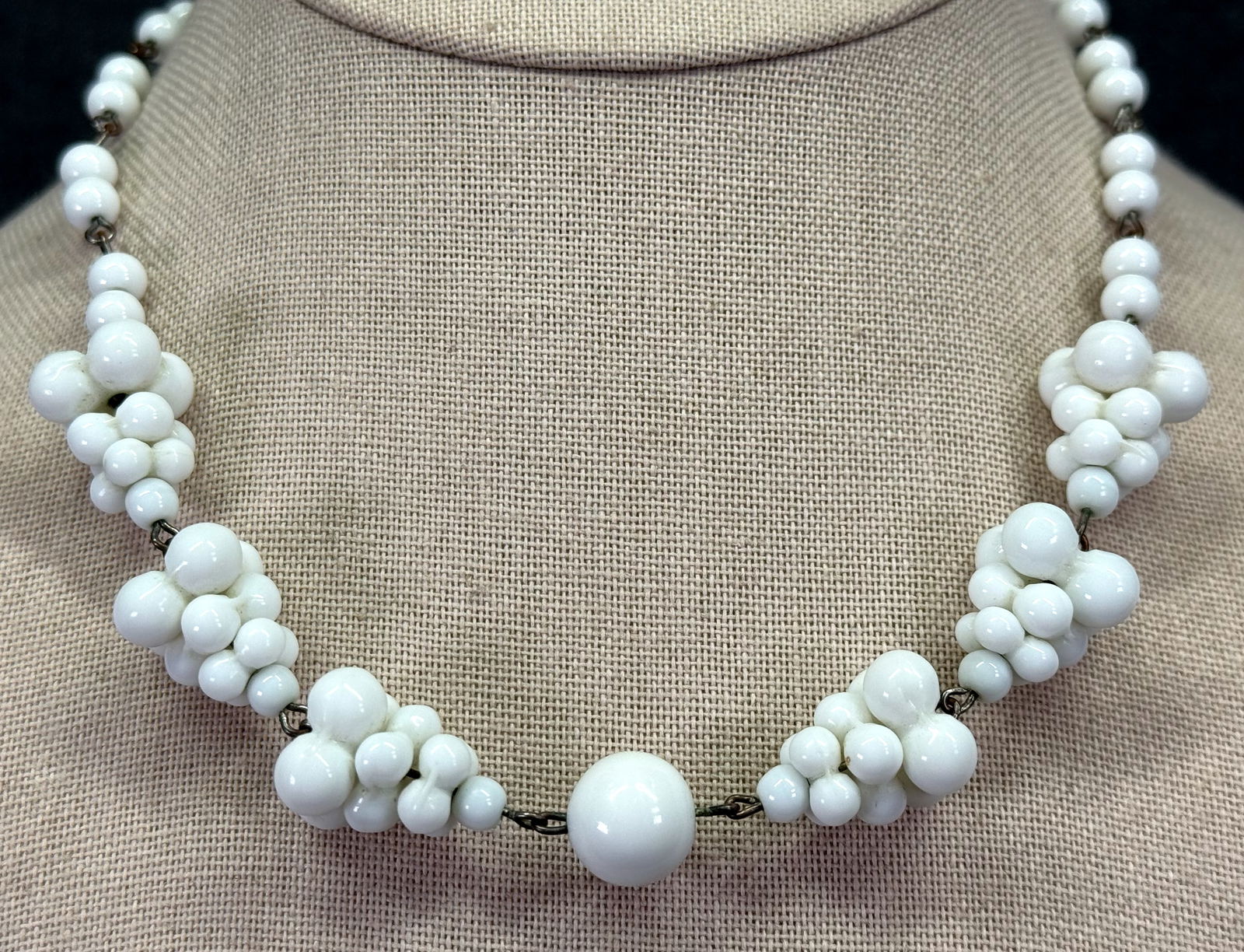 Vintage Haskell Style milky white cluster & round beads choker necklace. *B: Vintage Haskell Style milky white cluster & round beads choker necklace. Unmarked. For measures please refer to the pictures taken with a measuring tape. Weight: 32 Grams. IN HOUSE FLAT SHIPPING & HAN