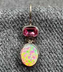 Vintage PB opal & pink stone sterling silver single hook earring. #B