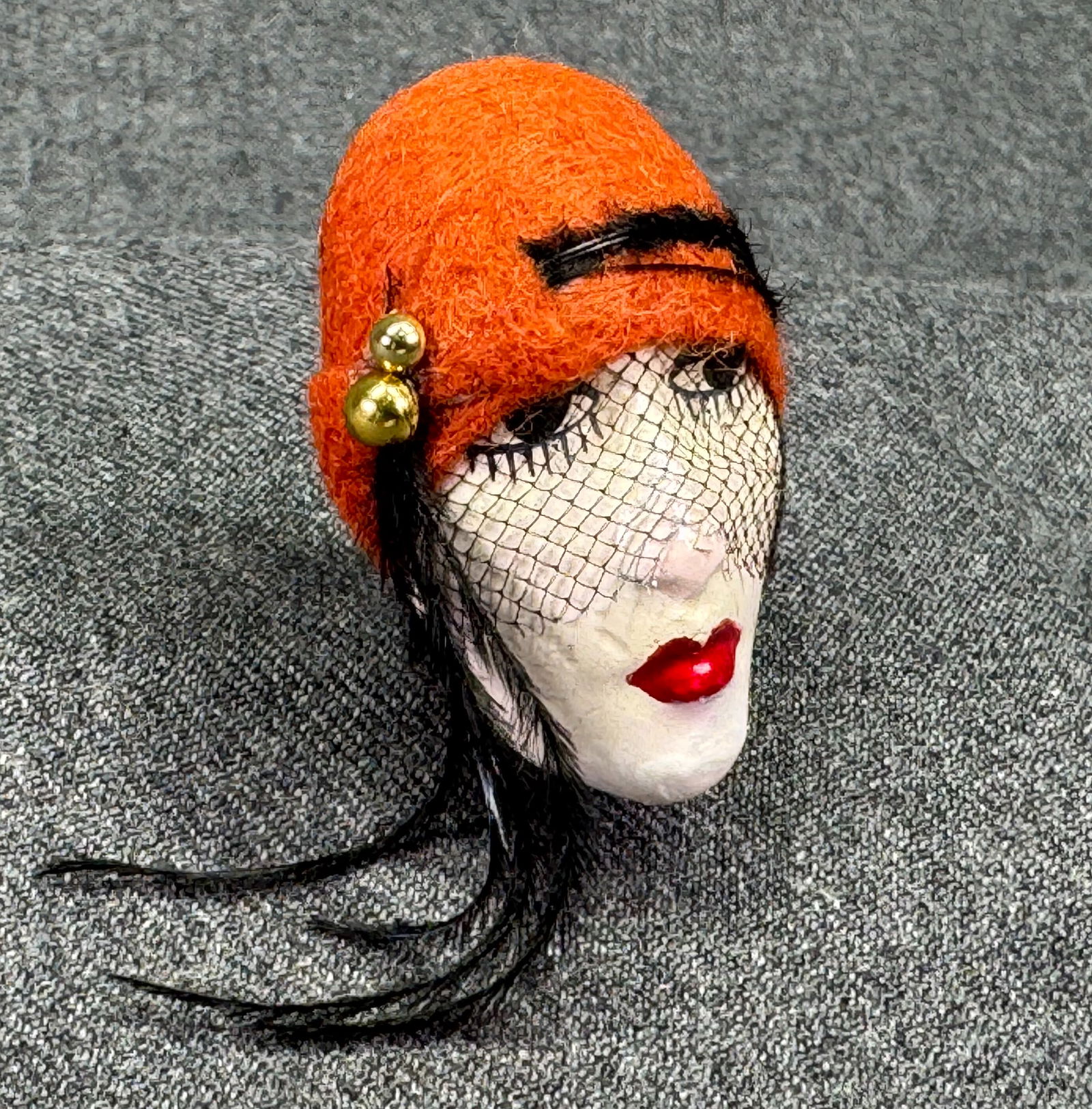 Vintage French Flappers painted ceramic face, felt, net & feathers hat brooch pin. #B: Vintage French Flappers painted ceramic face, felt, net & feathers hat brooch pin. Paper label. < For measures please refer to the pictures taken with a measuring tape. Weight: 8 Grams. IN HOUSE FLAT