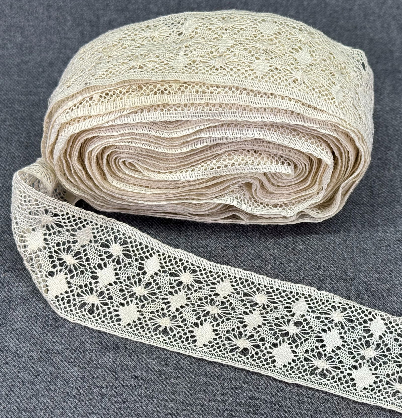 Vintage Torchon lace trim. Unused. 8 Yards . #B: Vintage Torchon lace trim. Unused. 8 Yards . For measures please refer to the pictures taken with a measuring tape. Weight: 36 Grams. IN HOUSE FLAT SHIPPING & HANDLING COST WITHIN ALL THE U.S. : $7 To