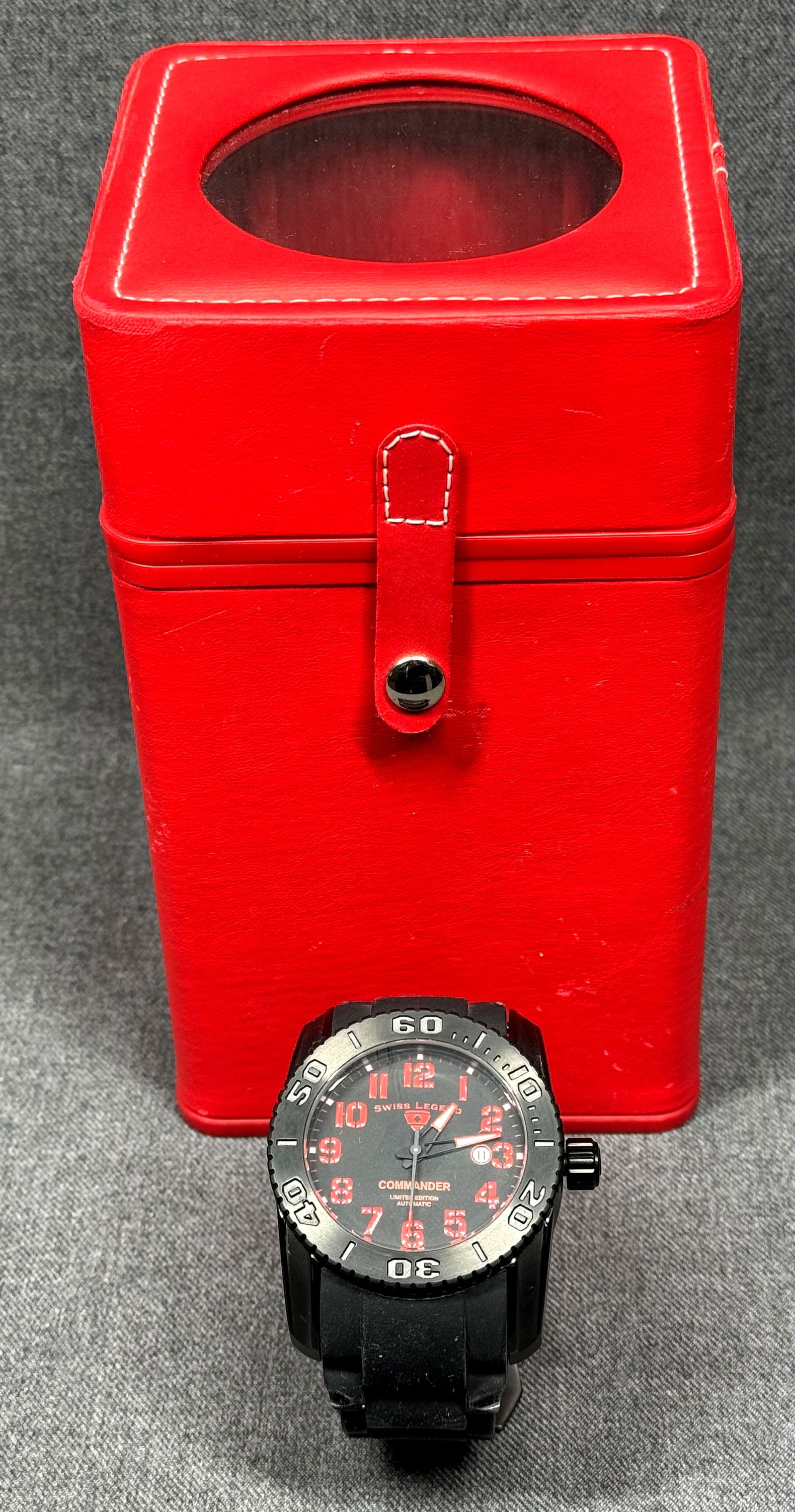 Swiss Legend Commander Automatic Limited Edition Watch with Winder #B: Swiss Legend Commander Automatic Limited Edition Watch with Winder. Swiss automatic movement. Titanium case. Sapphitek crystal. Unidirectional rotating bezel. Screw in crown. Original rubber strap. En