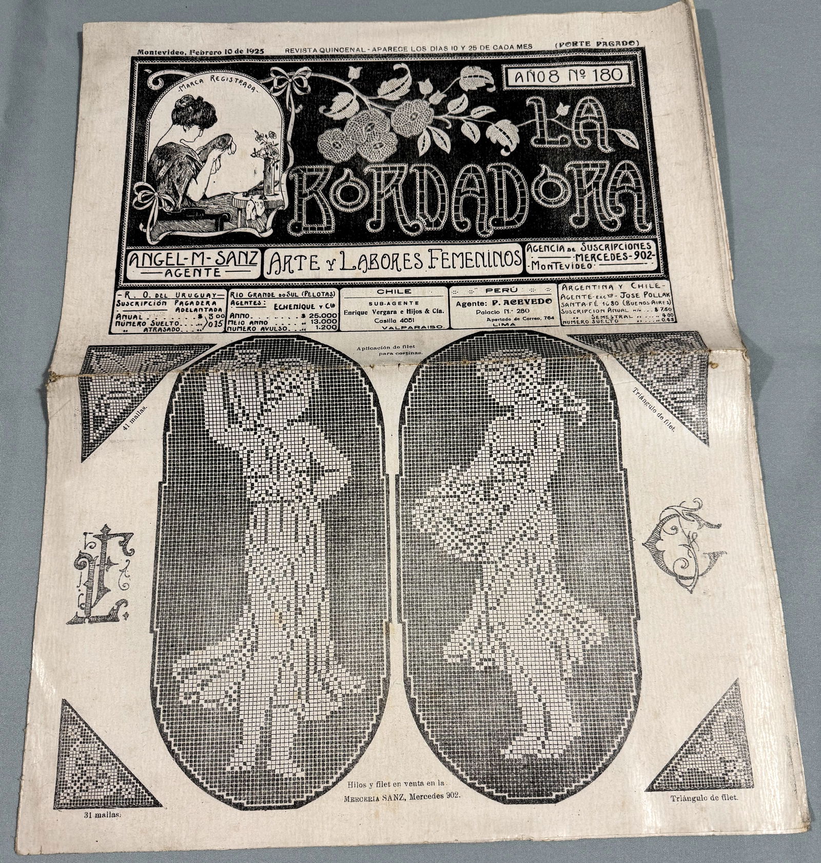 1925 "The embroiderer" embroidery and crafts patterns paper magazine. Original .: "La Bordadora," ("The embroiderer" in Spanish, dated February 10, 1925,embroidery and crafts patterns paper magazine. Original. One folded sheet, it measures 28x36 inches Unfolded. IN HOUSE FLAT SHIPP