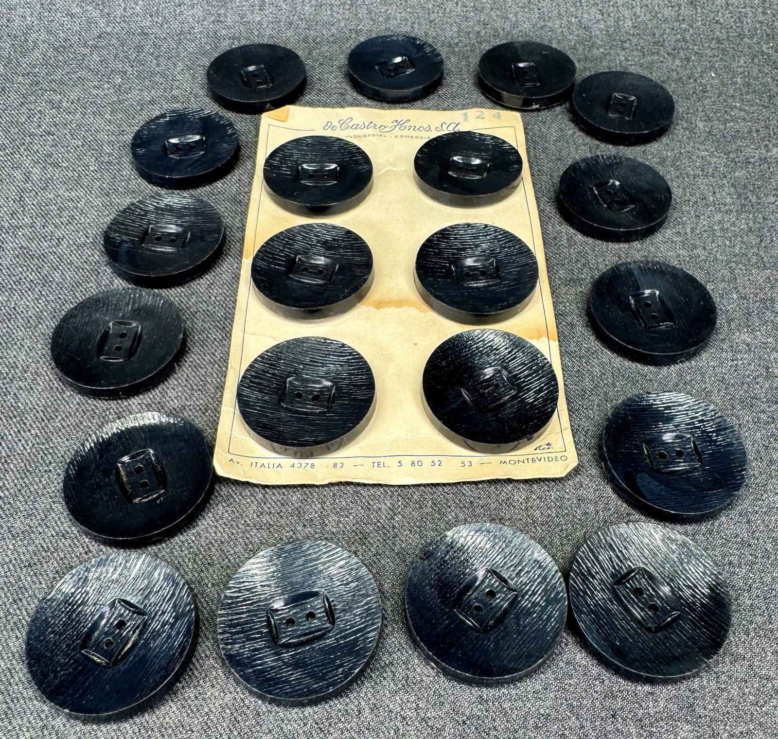 Vintage textured almost balck plastic buttons. 21 in total. Unused: Vintage textured almost balck plastic buttons. 21 in total. Unused. 6 of then in card. For measures please refer to the pictures taken with a measuring tape. Weight:40 Grams. IN HOUSE FLAT SHIPPING &