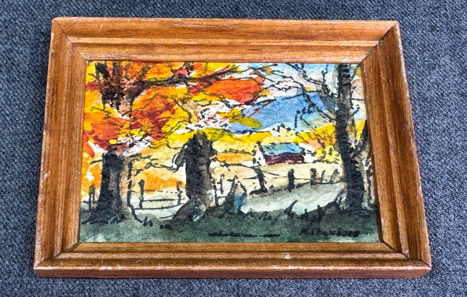 Vintage hand painted fall scene miniature picture. Wooden frame. *b: Vintage hand painted fall scene miniature picture. Wooden frame. Signed. For measures please refer to the pictures taken with a measuring tape. Weight: 10 Grams. IN HOUSE FLAT SHIPPING & HANDLING COST