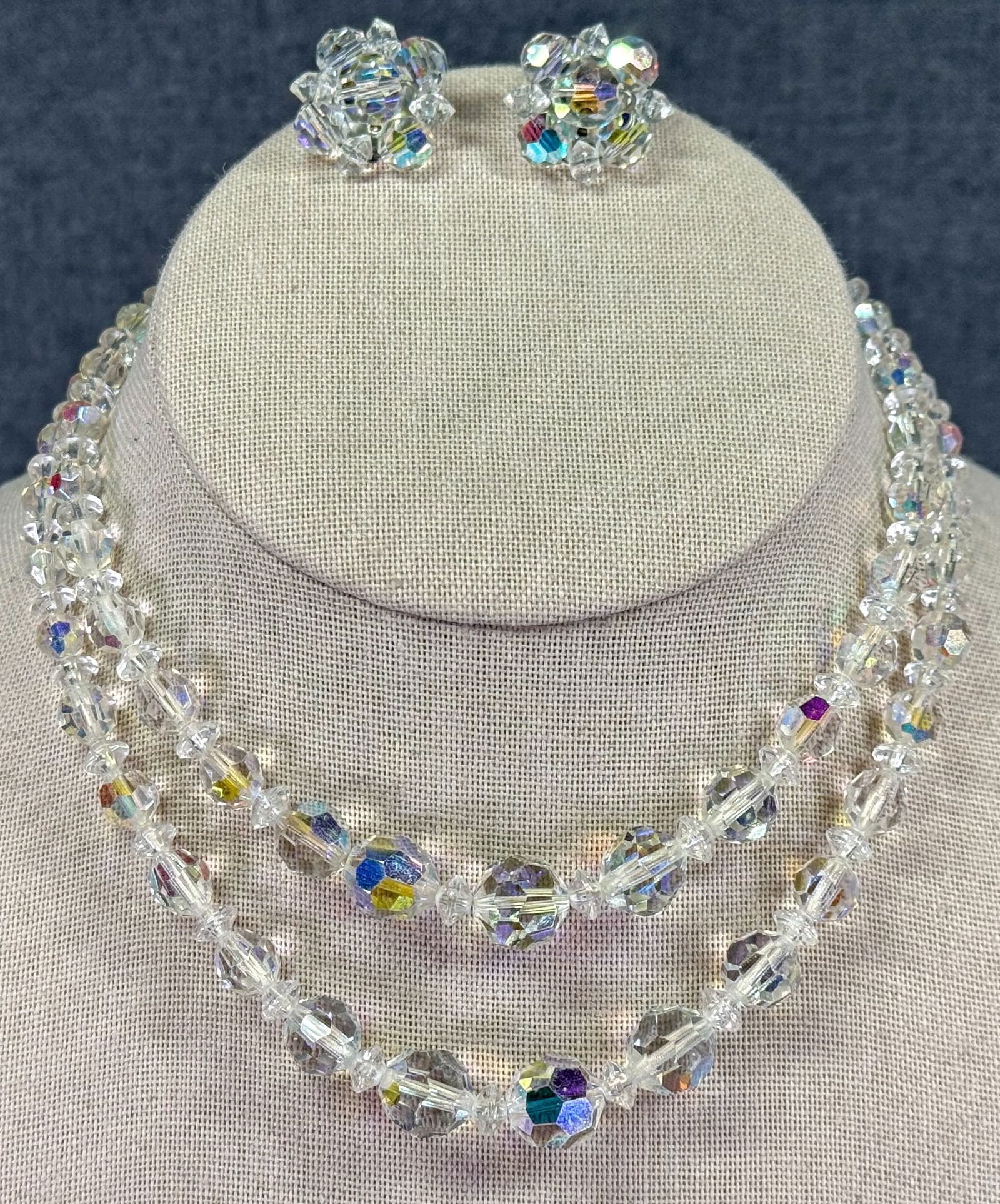 Vintage faceted AB crystals choker necklace & flower clip earrings: IN HOUSE FLAT SHIPPING & HANDLING COST WITHIN ALL THE U.S. : $7 To bypass LiveShipping, and use our In-House shipping service for $7 or shipping combined for multiple lots, please select “Arrange Yo
