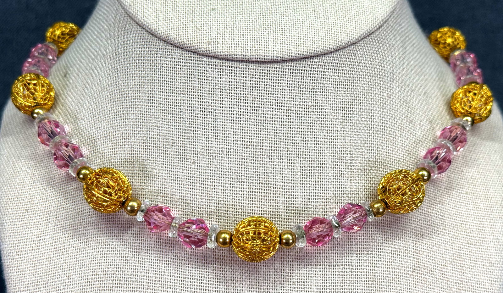 Vintage clear and rose crystals filigree gold-toned beaded necklace. Chain string: IN HOUSE FLAT SHIPPING & HANDLING COST WITHIN ALL THE U.S. : $7 To bypass LiveShipping, and use our In-House shipping service for $7 or shipping combined for multiple lots, please select “Arrange Yo