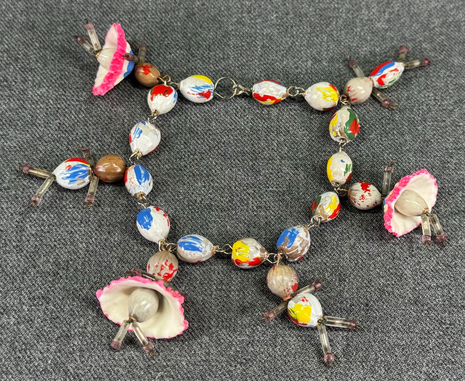 Vintage wired glass, painted seed & shell beads dancers charm bracelet: IN HOUSE FLAT SHIPPING & HANDLING COST WITHIN ALL THE U.S. : $7 To bypass LiveShipping, and use our In-House shipping service for $7 or shipping combined for multiple lots, please select “Arrange Yo