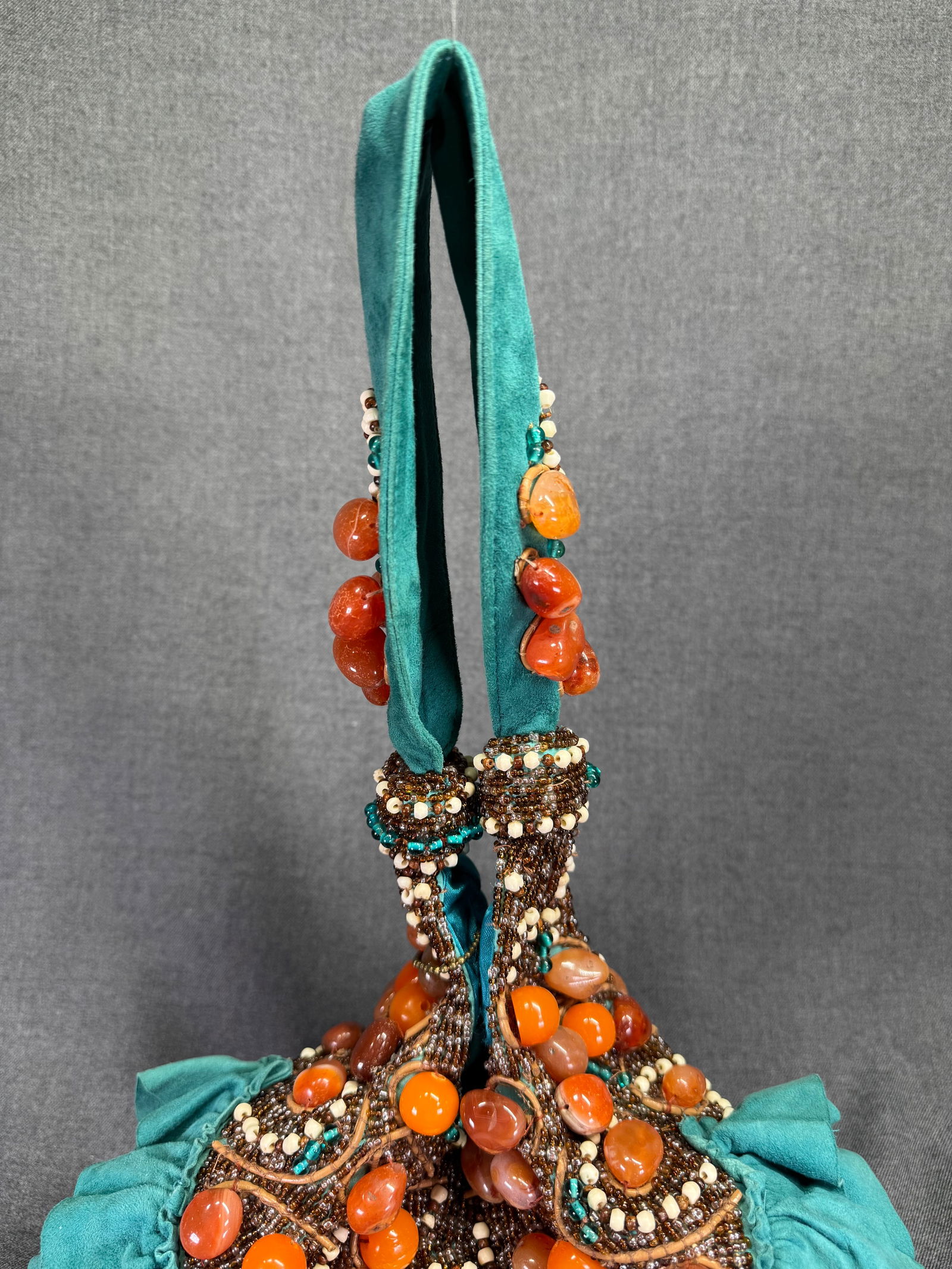Vintage Mary Frances agate stone nuggets and beads teal suede ruffles purse bag: IN HOUSE FLAT SHIPPING & HANDLING COST WITHIN ALL THE U.S. : $15 To bypass LiveShipping, and use our In-House shipping service for $15 or shipping combined for multiple lots, please select “Arrange