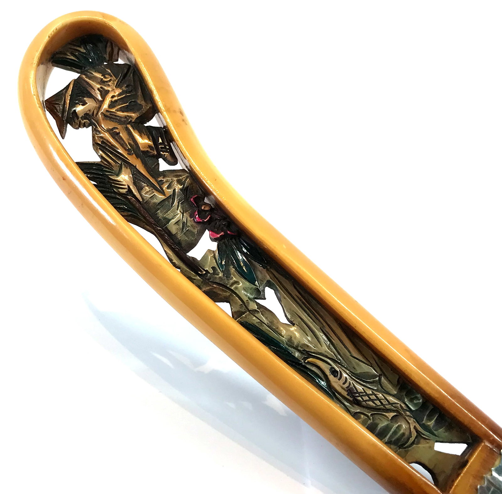 Antique Art Deco Carved Celluloid Oriental Figural top Parasol Handle: IN HOUSE FLAT SHIPPING & HANDLING COST WITHIN ALL THE U.S. : $12 To bypass LiveShipping, and use our In-House shipping service for $12 or shipping combined for multiple lots, please select “Arrange