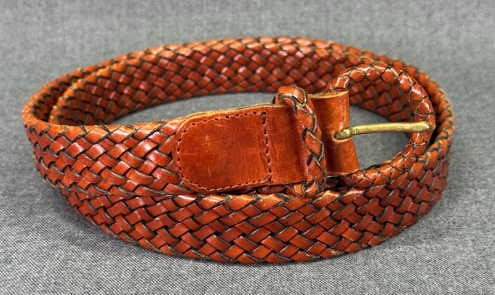 Vintage Cole Haan genuine brown leather woven belt and buckle (1 of 6)