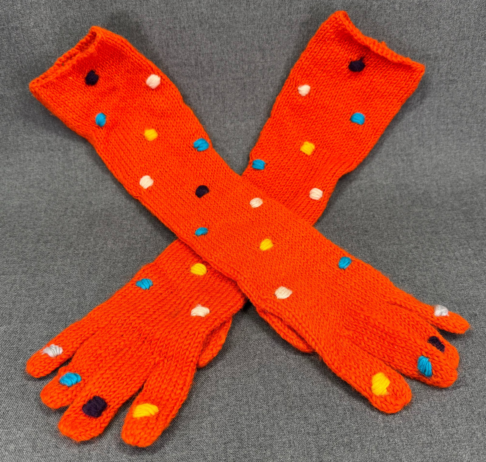 Long Orange Color Polka Dots Wool Gloves: IN HOUSE FLAT SHIPPING & HANDLING COST WITHIN ALL THE U.S. : $7 To bypass LiveShipping, and use our In-House shipping service for $7 or shipping combined for multiple lots, please select “Arrange Yo