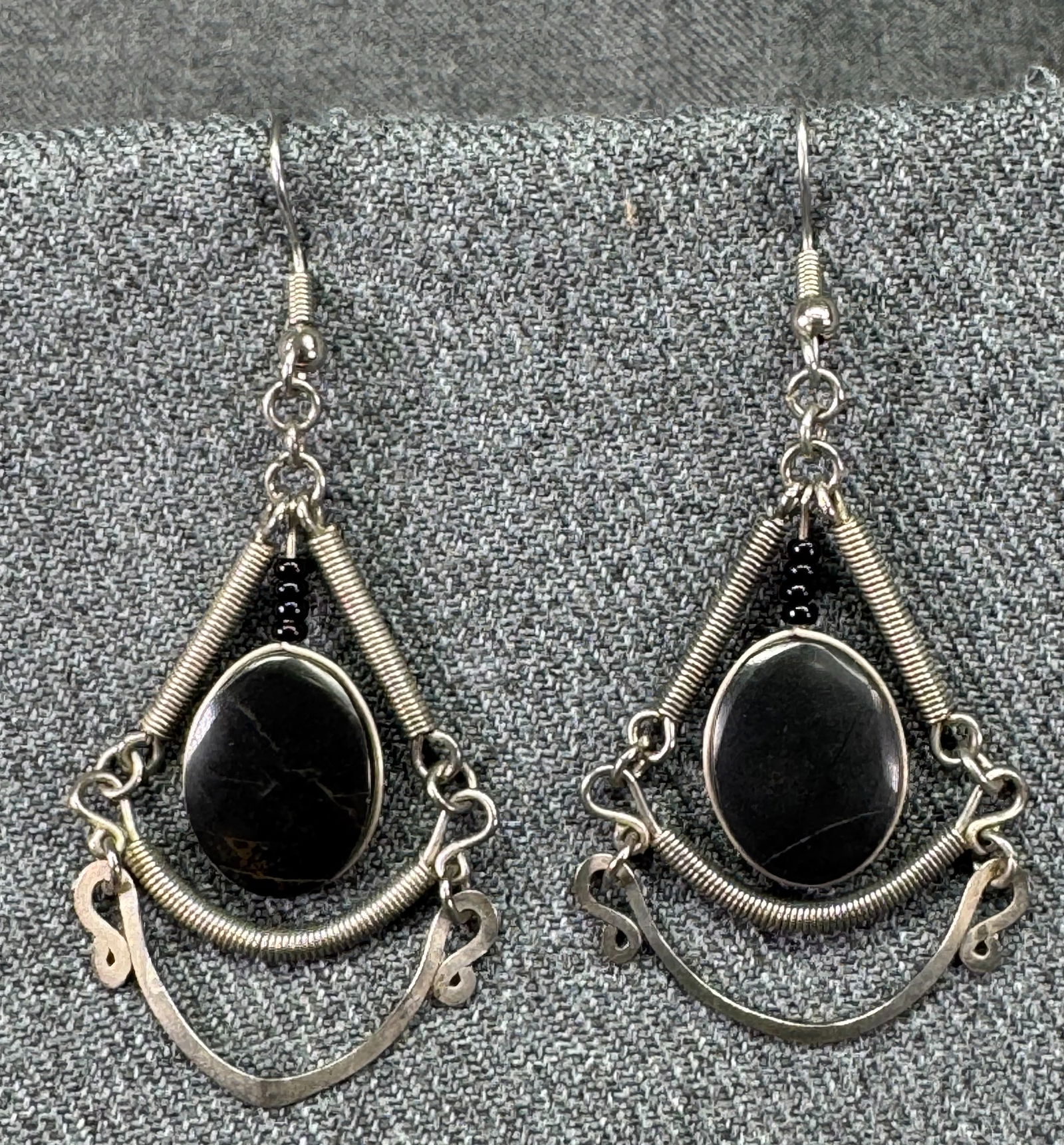 Vintage ethnic style black bead silver-toned chandelier hook earrings. #a (1 of 4)