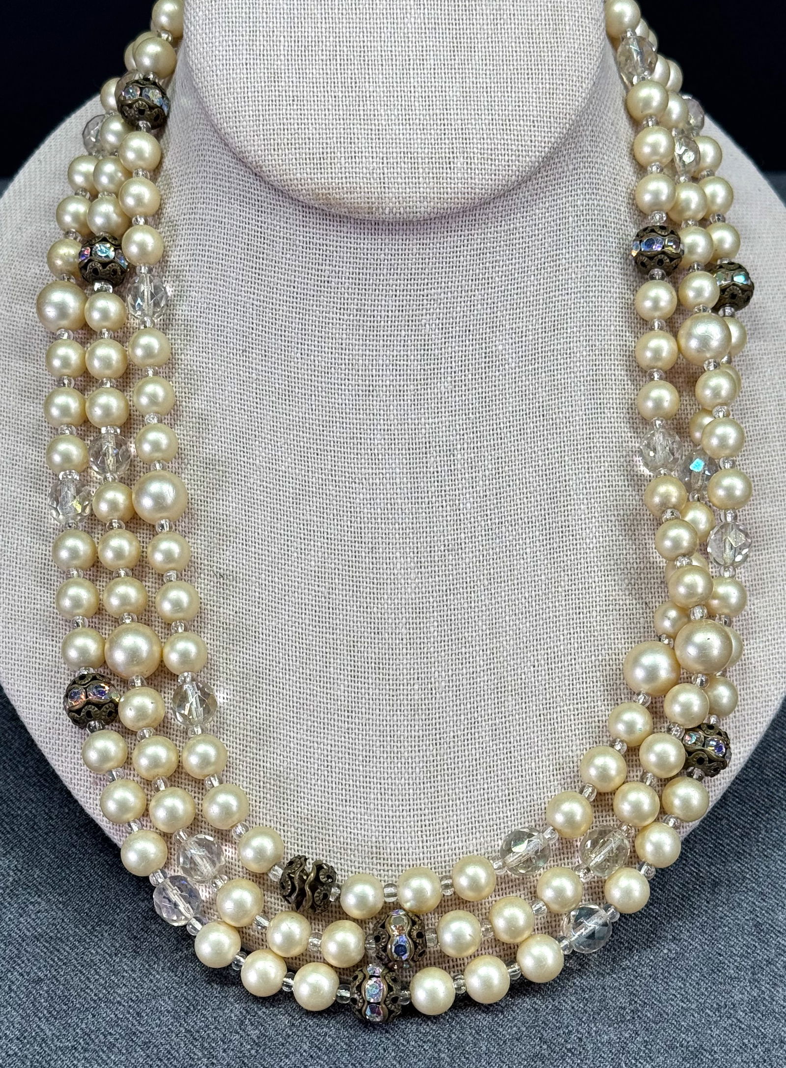 Vintage flapper style AB filigree rondelles, faceted crystal & pearly beads necklace: IN HOUSE FLAT SHIPPING & HANDLING COST WITHIN ALL THE U.S. : $7 To bypass LiveShipping, and use our In-House shipping service for $7 or shipping combined for multiple lots, please select “Arrange Yo