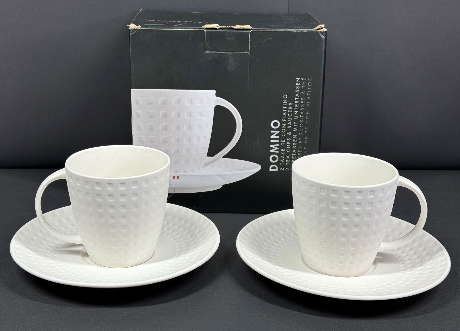 Casa Bugatti Italy Domino Unused Two Porcelain Tea Cups and Saucers. Original box. (1 of 6)