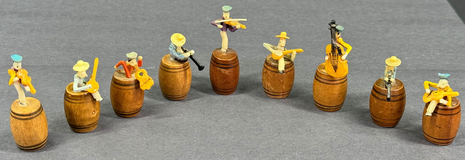 Vintage Japanese Celluloid Musicians on Wood Barrel Miniatures. Set of 9. (1 of 11)
